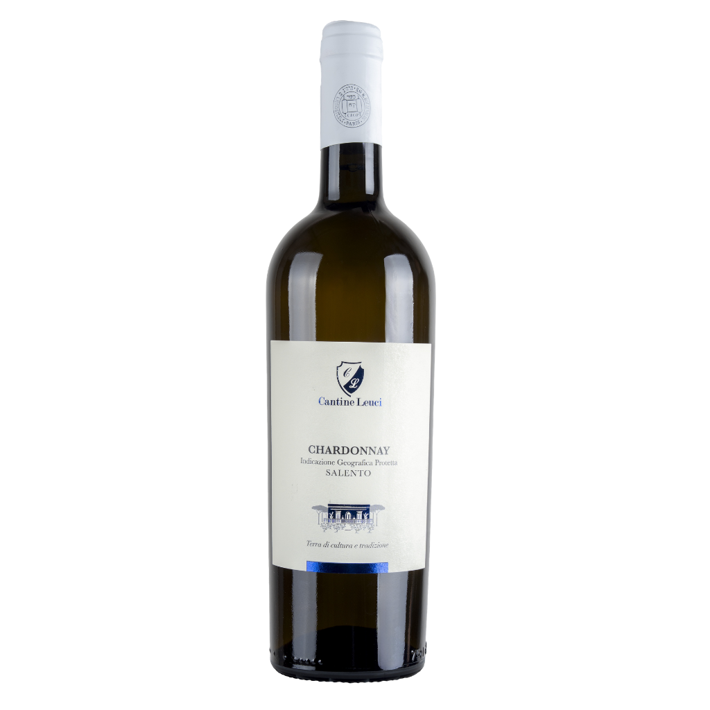 Wine bottle of Chardonnay with a white label of Leuci on a white background