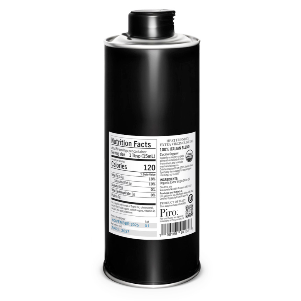 Black canister with a label on a white background