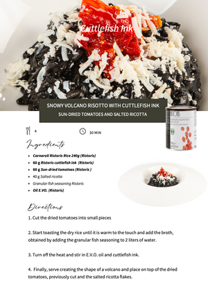 Cuttlefish ink recipe with carnaroli rice, sun-dried tomatoes, ricotta, EVOO