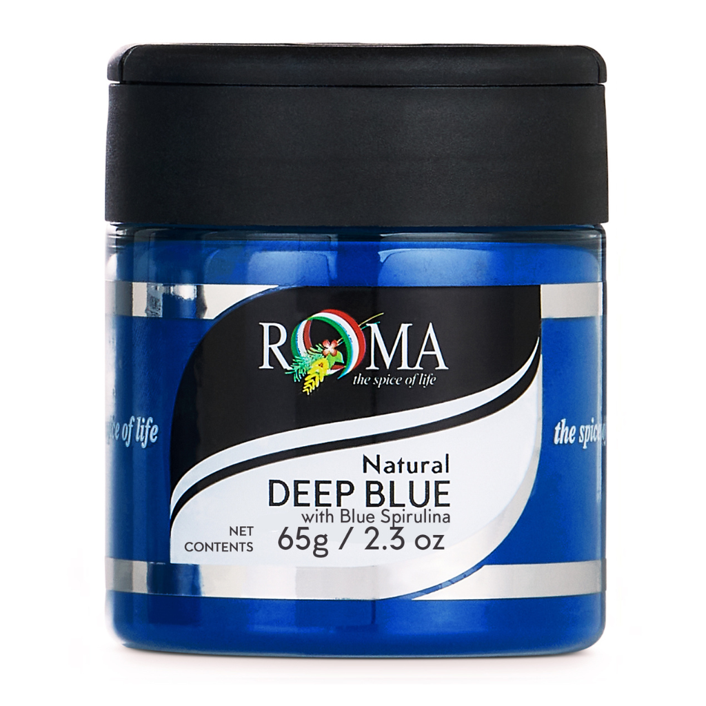 Jar of Roma Natural Deep Blue spice with black lid on a white background
