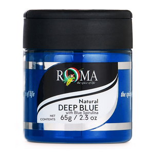 Jar of Roma Natural Deep Blue spice with black lid on a white background