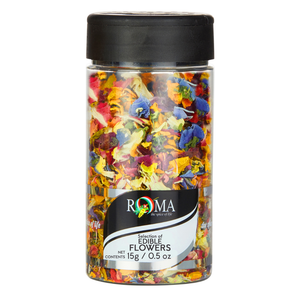 Jar of colorful edible flowers with Roma branding on a white background