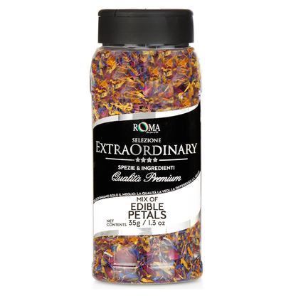 Jar of edible petals with Roma Selezione Extraordinary label on a white background