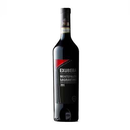 A bottle of Montefalco Sagrantino D.O.C. Exubera Terre De La Custodia wine with a dark label and red text.