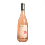 A bottle of Grati Rosé wine with a pink hue and a label featuring an illustration of a horse.
