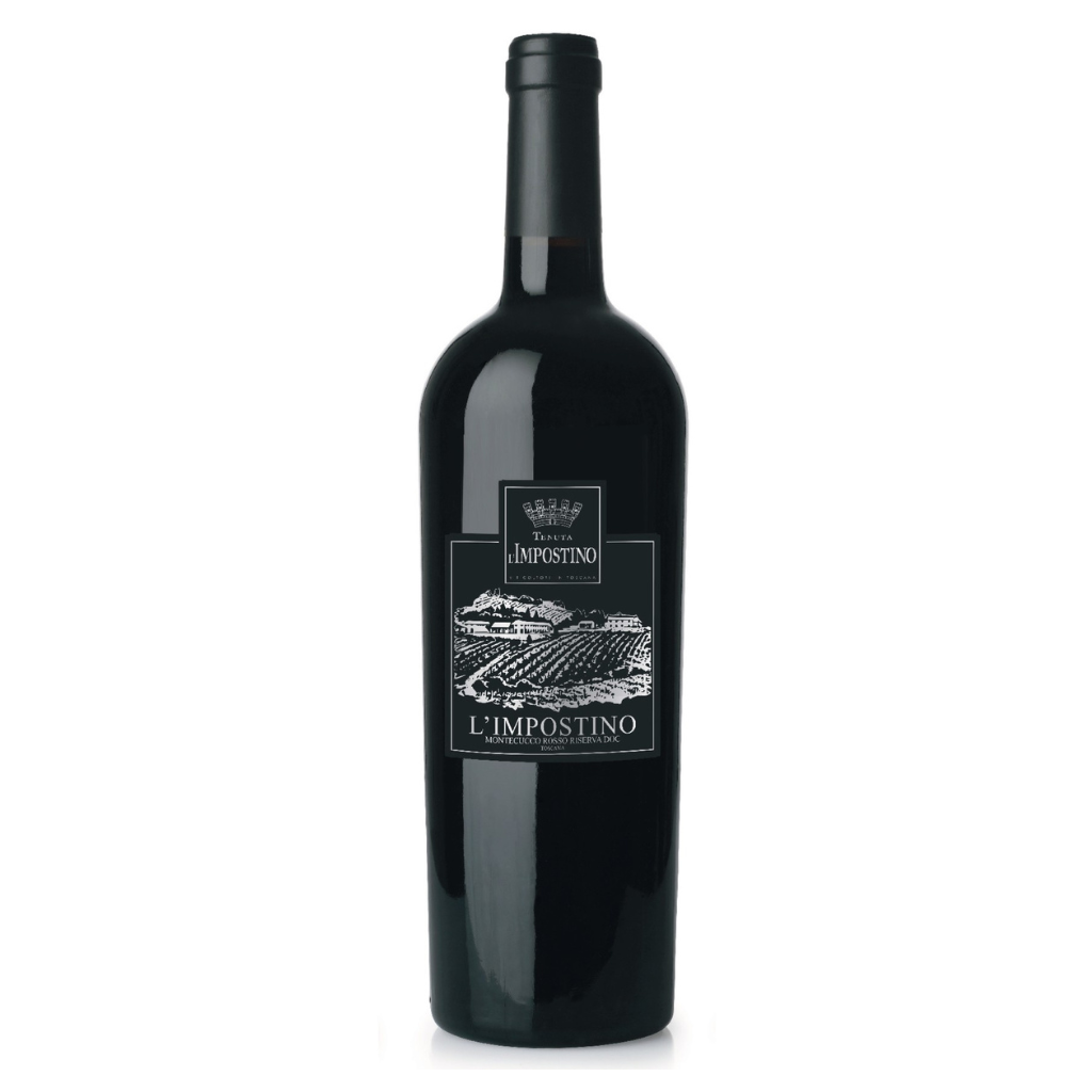 Red Wine bottle with 'L'impostino' Motecucco label on a white background
