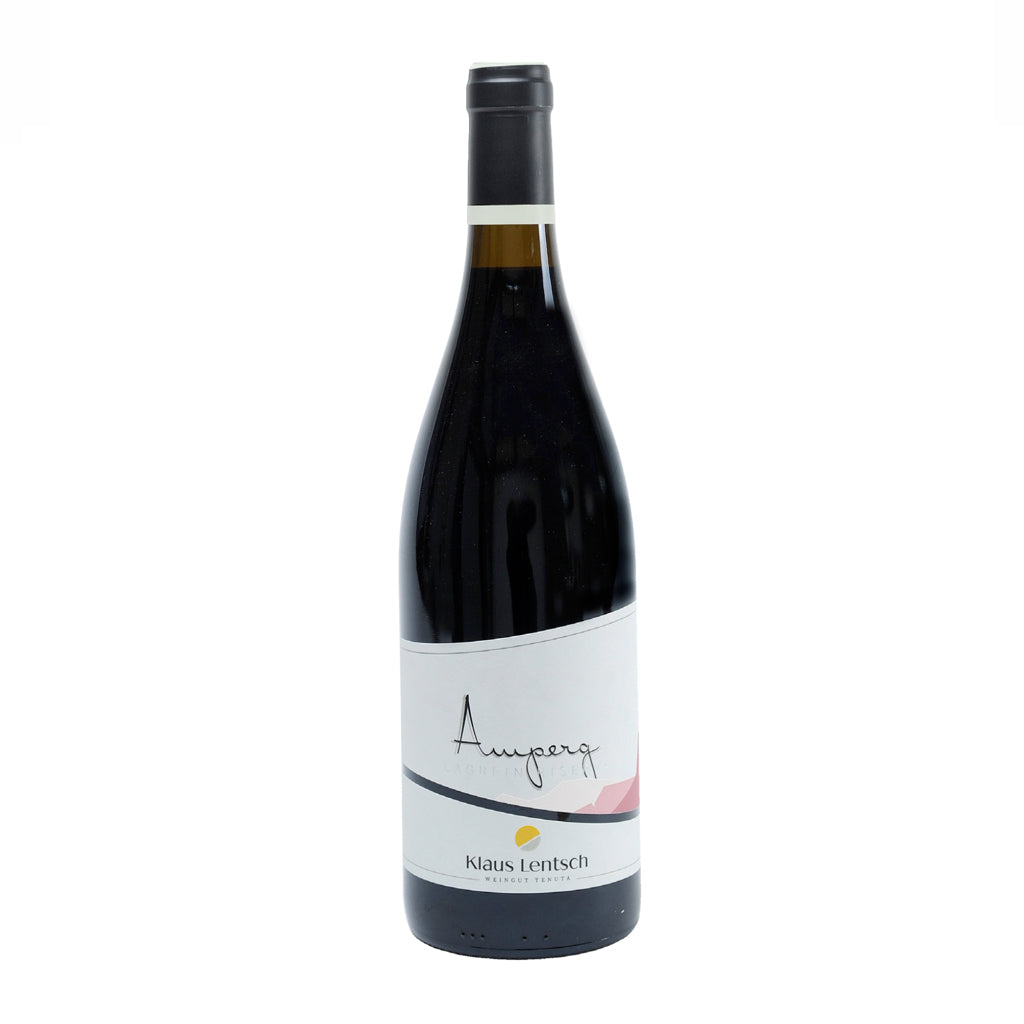Bottle of Amperg Lagrein Riserva Klaus Lentsch wine with a deep, intense red color and a label that includes the brand name and the name of the winemaker.