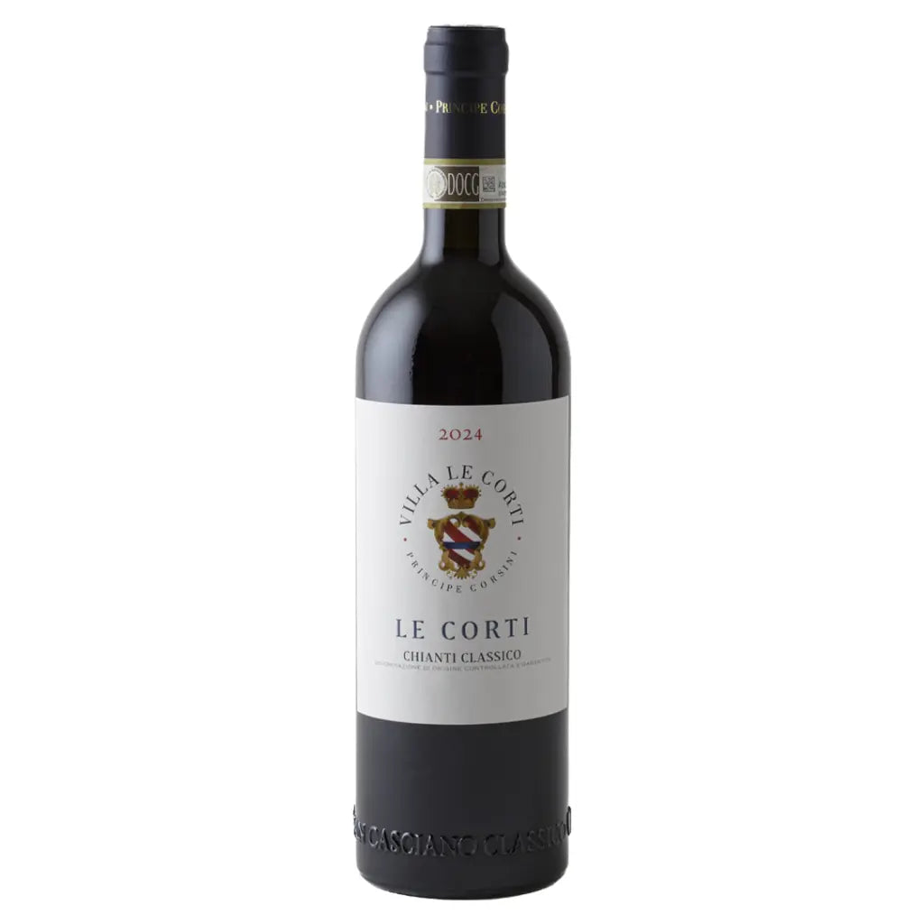 A bottle of Villa Le Corti Le Corti Chianti Classico red wine, featuring a white label with a detailed crest and black glass bottle, set against a plain white background. Principe Corsini