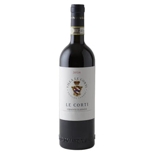 A bottle of Villa Le Corti Le Corti Chianti Classico red wine, featuring a white label with a detailed crest and black glass bottle, set against a plain white background. Principe Corsini