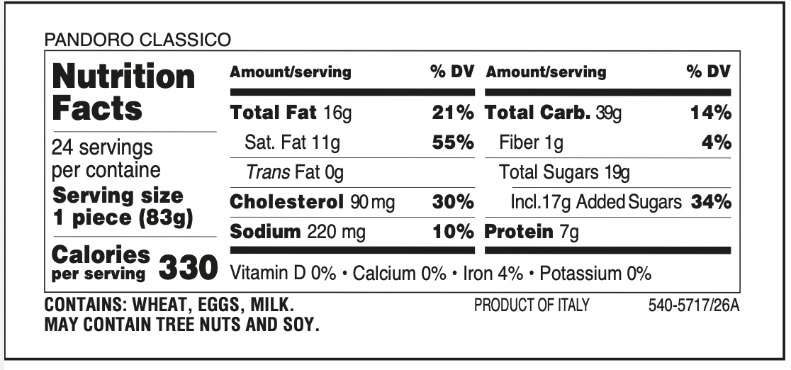 Nutrition facts Muzzi traditional Italian pandoro in elegant white holiday gift box