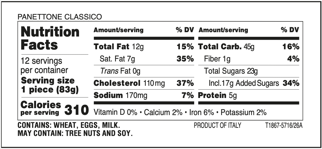 Nutrition facts Muzzi Ghirlanda Christmas panettone gift tin made in Italy