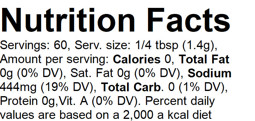 Nutrition facts label for a product with specific details about calories, fat, sodium, and carbohydrates per serving.