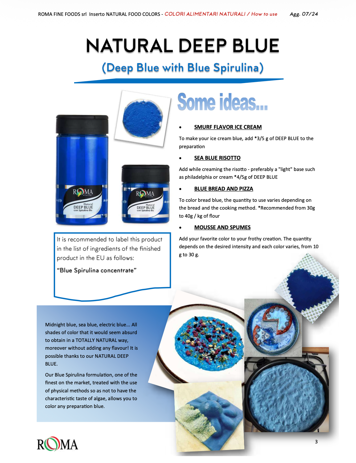 Advertisement for natural deep blue colorant with product images and usage ideas.