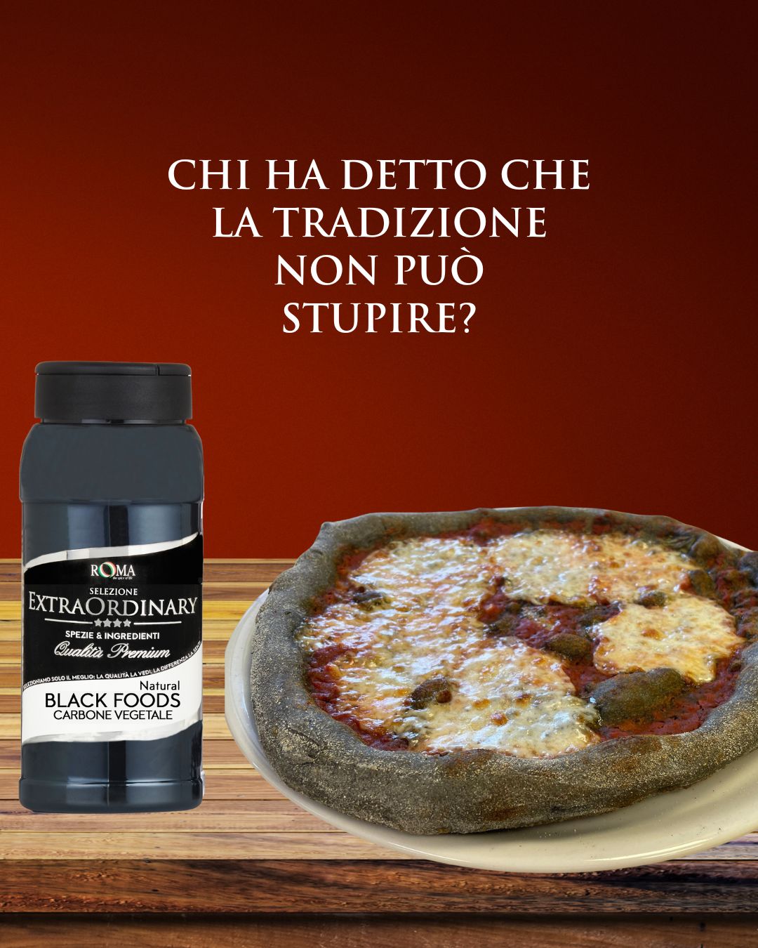 Black food product bottle next to black pizza on a wooden surface with Italian text on a red background