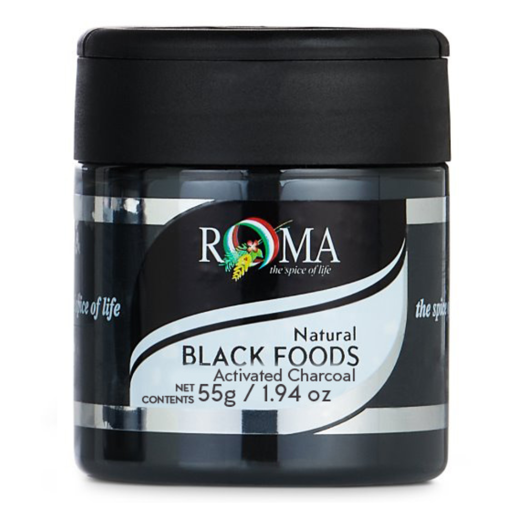 Jar of Roma Natural Black Foods Activated Charcoal on a white background