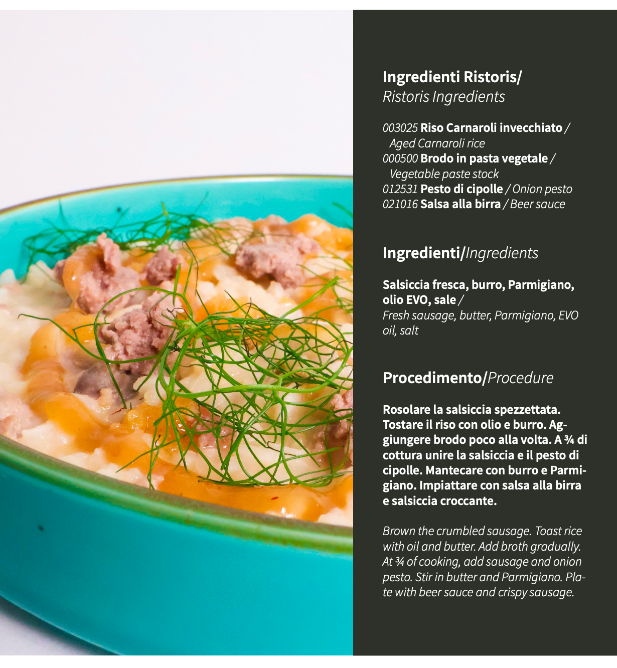 Blue bowl of Carnaroli Rice with ingredients listed on the side for a risotto with onion pesto recipe