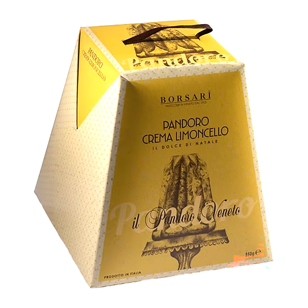 Yellow box of Borsari Pandoro Crema Limoncello on a white background