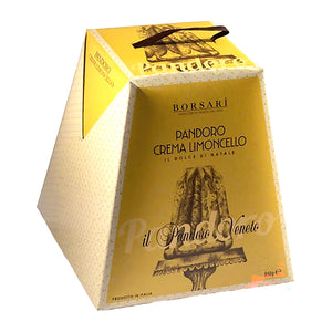 Yellow box of Borsari Pandoro Crema Limoncello on a white background