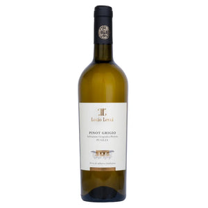 A bottle of Lucio Leuci Pinot Grigio Kosher white wine from Puglia, Italy, featuring a white label and a dark green glass bottle, set against a plain white background.