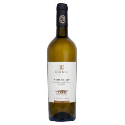 A bottle of Lucio Leuci Pinot Grigio Kosher white wine from Puglia, Italy, featuring a white label and a dark green glass bottle, set against a plain white background.