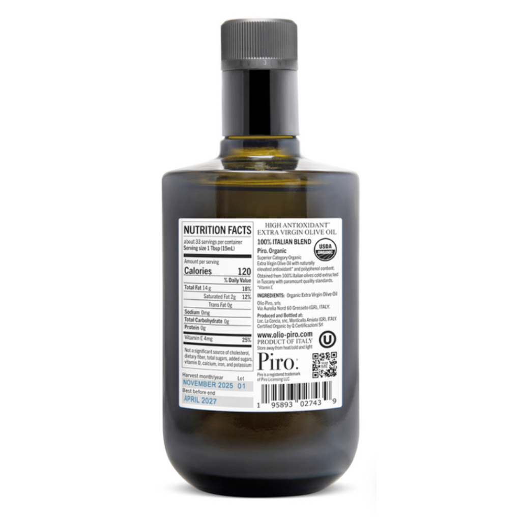 Bottle of olive oil with a nutrition facts label on a white background