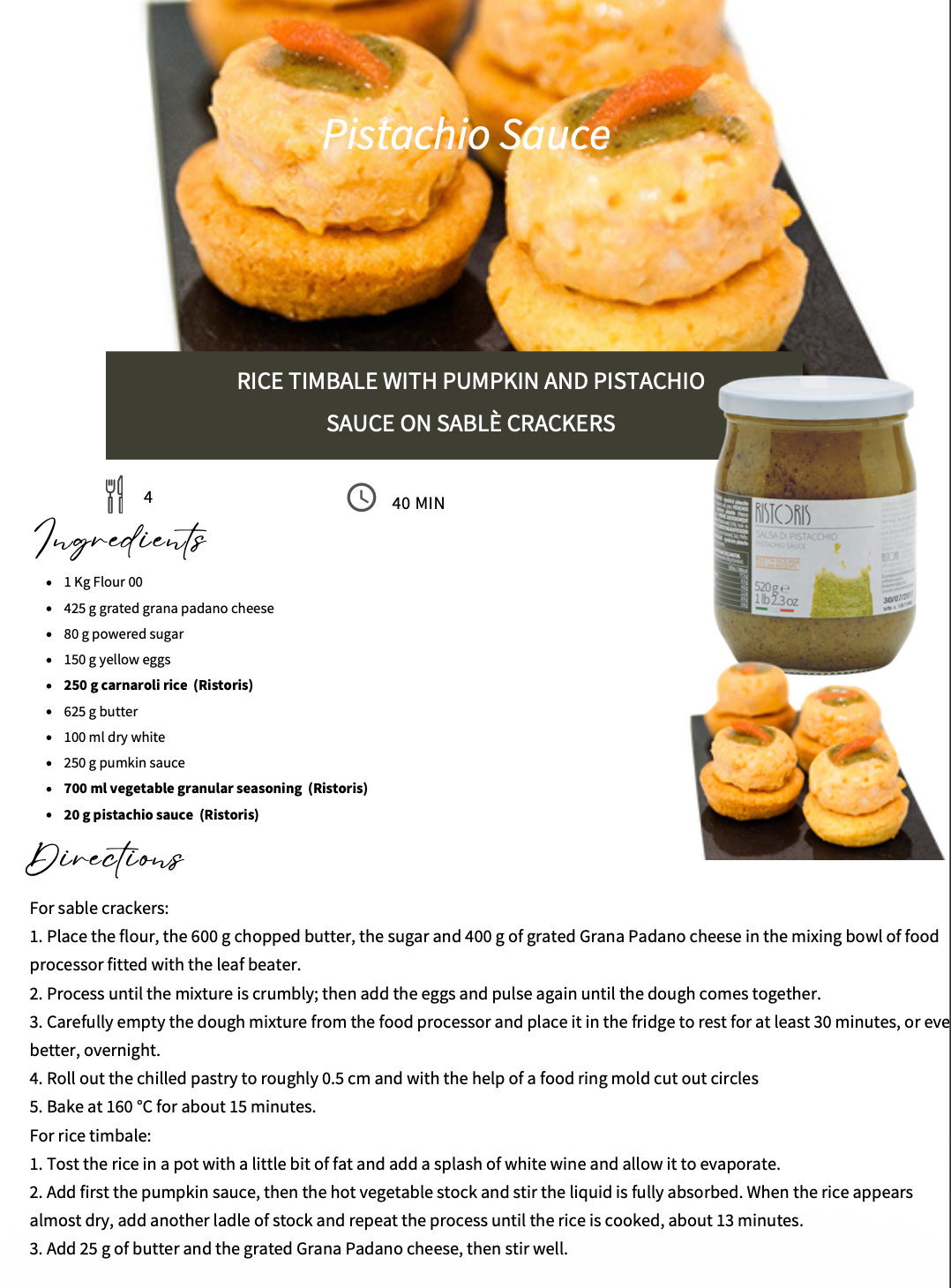 Recipe card for rice timbale with pumpkin sauce and pistachio sauce on sable crackers, featuring a jar of pistachio sauce. By Tita Italia