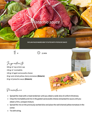 Pistachio sauce recipe with beef, cheese, semi-dried yellow cherry tomatos. By Tita Italia