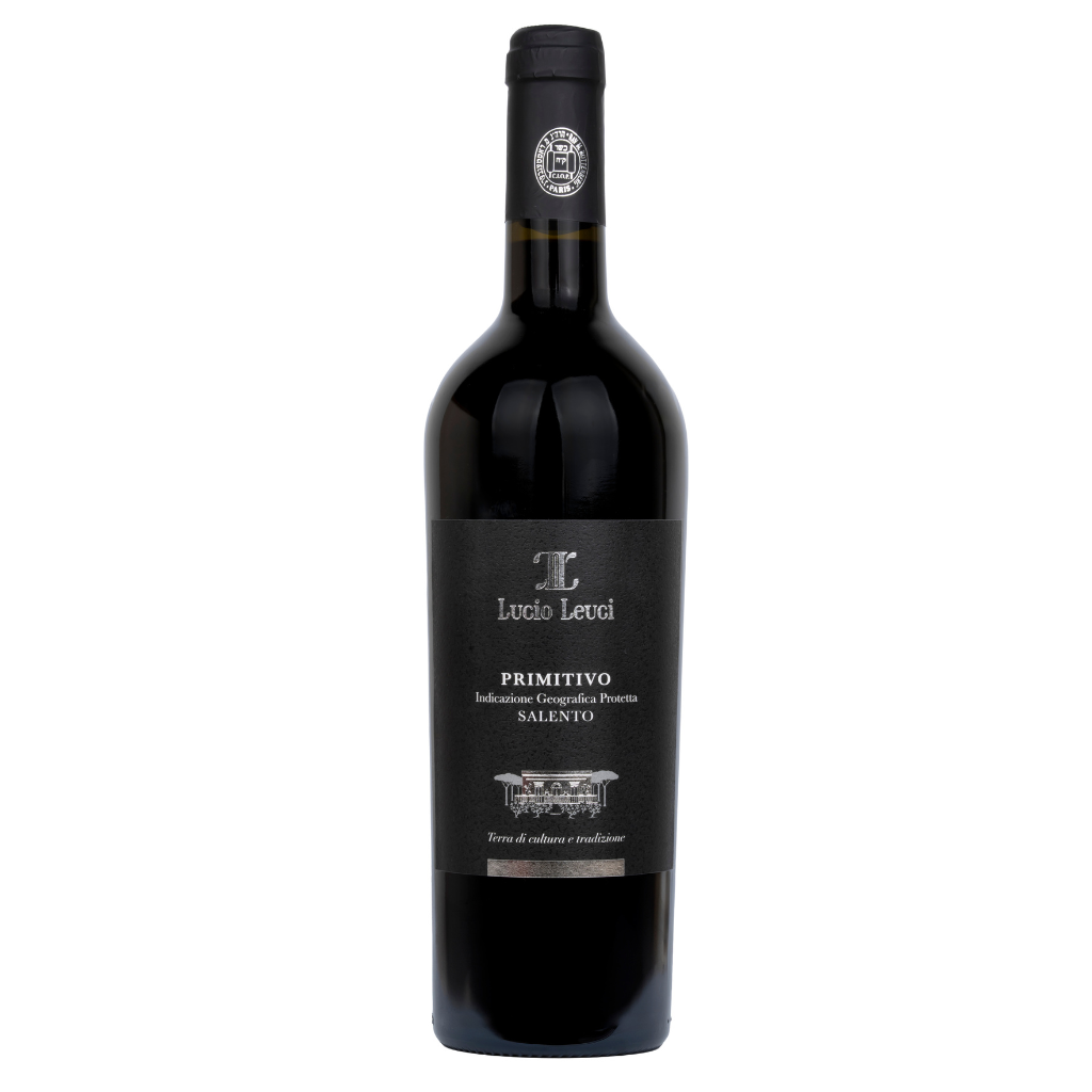A bottle of Lucio Leuci Primitivo Indicazione Geografica Protetta Salento Kosher ed wine, featuring a dark glass bottle, black label, and black foil-wrapped neck, set against a plain white background.