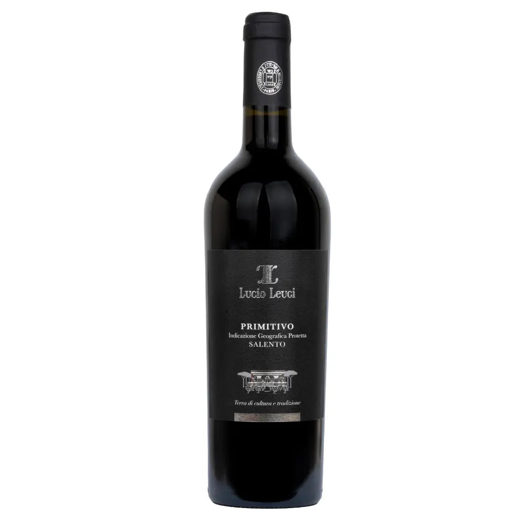 A bottle of Lucio Leuci Primitivo Indicazione Geografica Protetta Salento Kosher ed wine, featuring a dark glass bottle, black label, and black foil-wrapped neck, set against a plain white background.