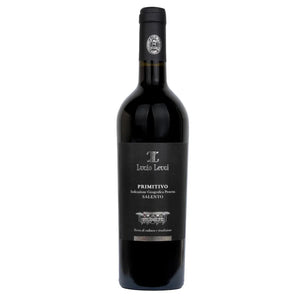 A bottle of Lucio Leuci Primitivo Indicazione Geografica Protetta Salento Kosher ed wine, featuring a dark glass bottle, black label, and black foil-wrapped neck, set against a plain white background.