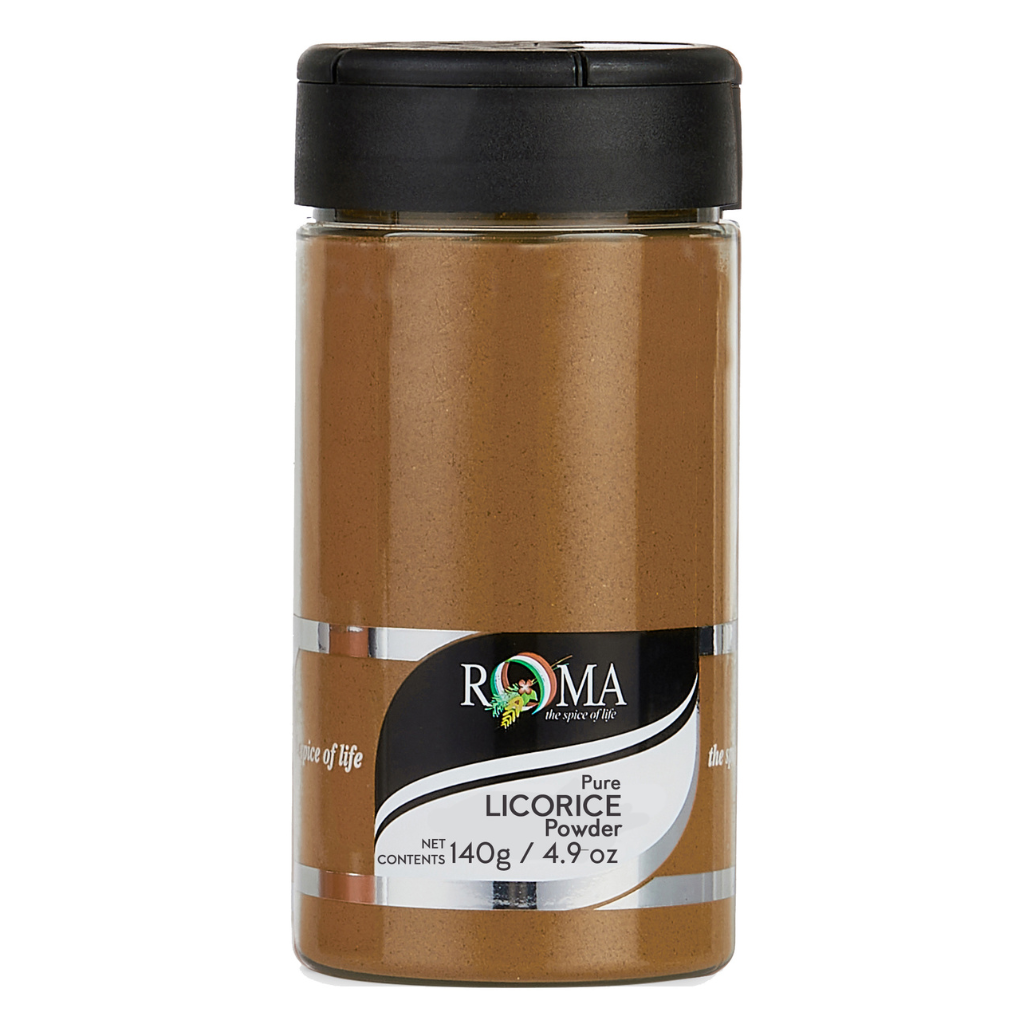Jar of Roma Pure Licorice Powder on a white background