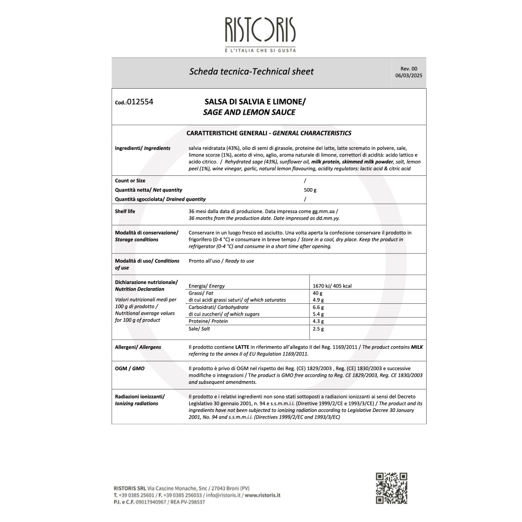 Ristoris Sage Lemon Sauce - Technical Sheet