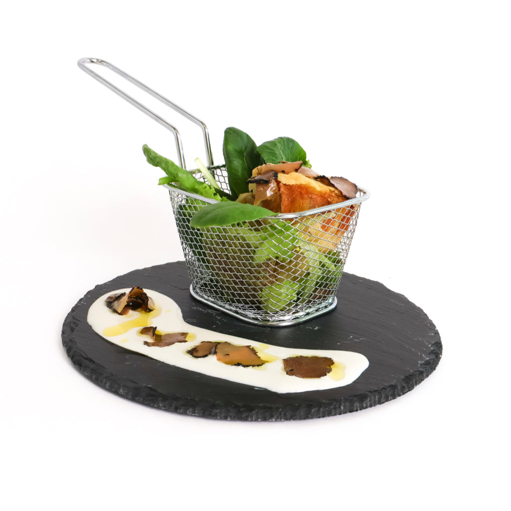 FRIED ROMAN-STYLE ARTICHOKES ON STRACCIATELLA CREAM AND BLACK TRUFFLE CARPACCIO
