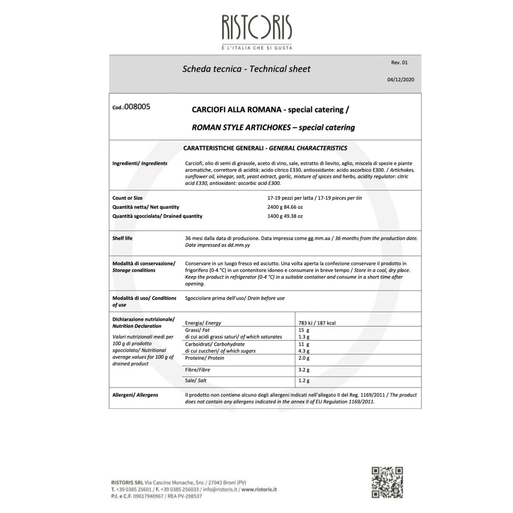 Roman Style Artichokes Ristoris - Technical Sheet