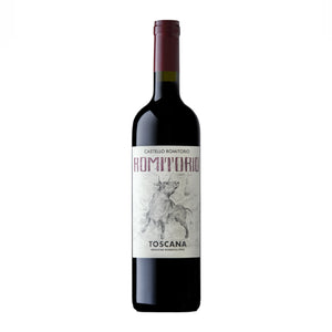Bottle of Castello Romitorio Super Tuscan IGT wine with a red label, showcasing the brand and the Tuscany region.