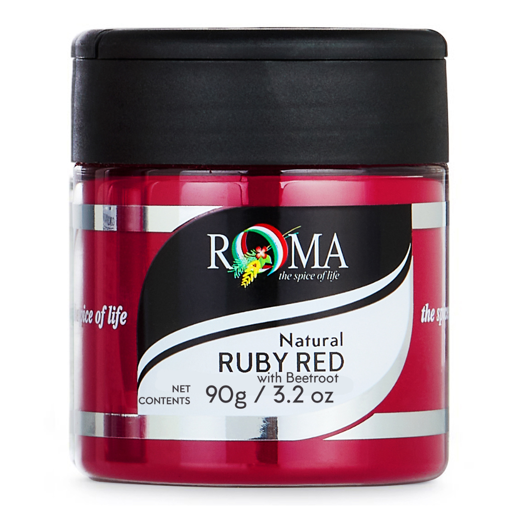 Jar of Roma Natural Ruby Red spice on a white background