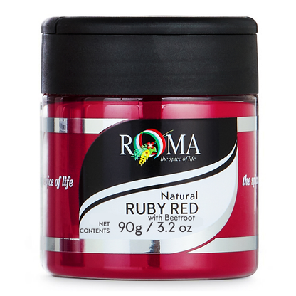 Jar of Roma Natural Ruby Red spice on a white background