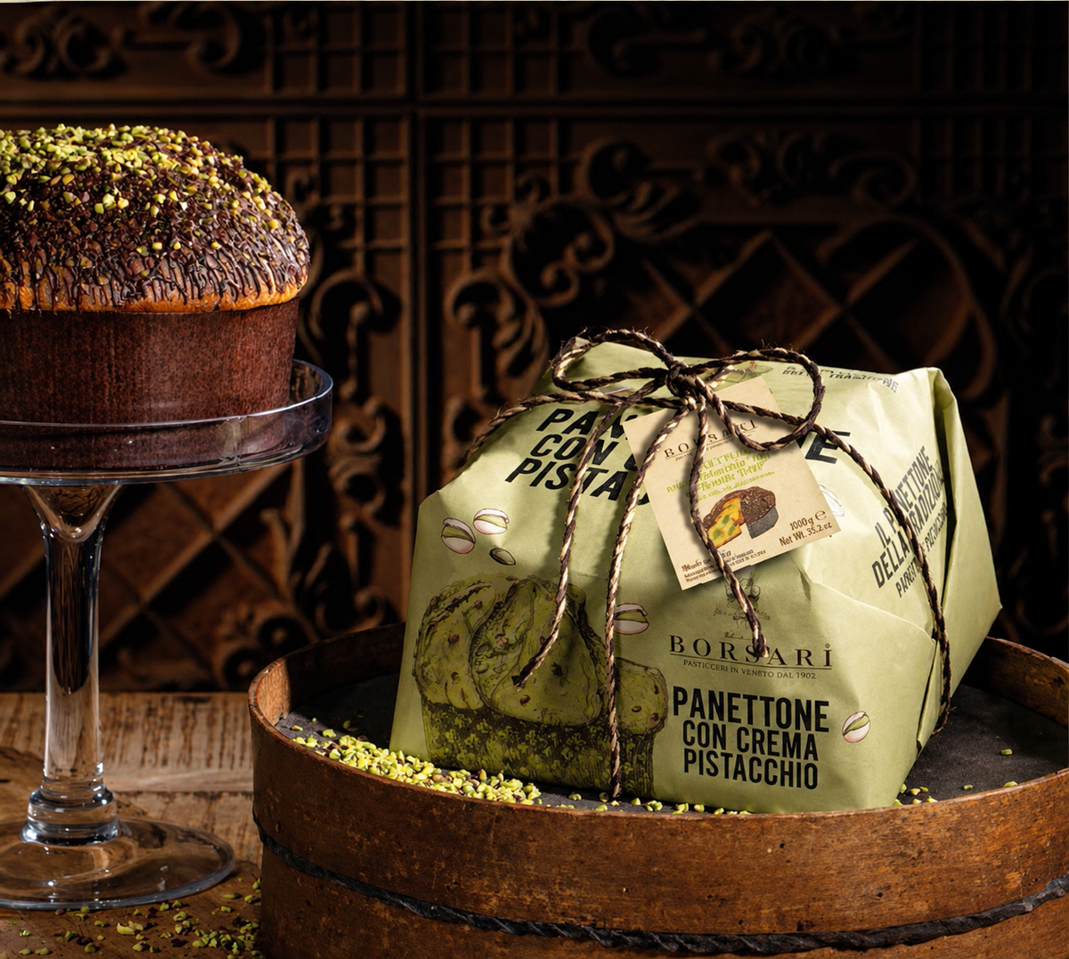 Borsari Italian pistachio panettone with Bronte PDO pistachio cream, dark chocolate coating and cocoa nibs