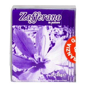 Saffron spice packaging with a purple flower on a white background