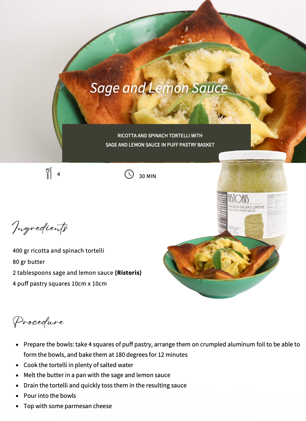 Recipe card for ricotta and spinach tortellini with sage and lemon sauce in puff pastry basket.