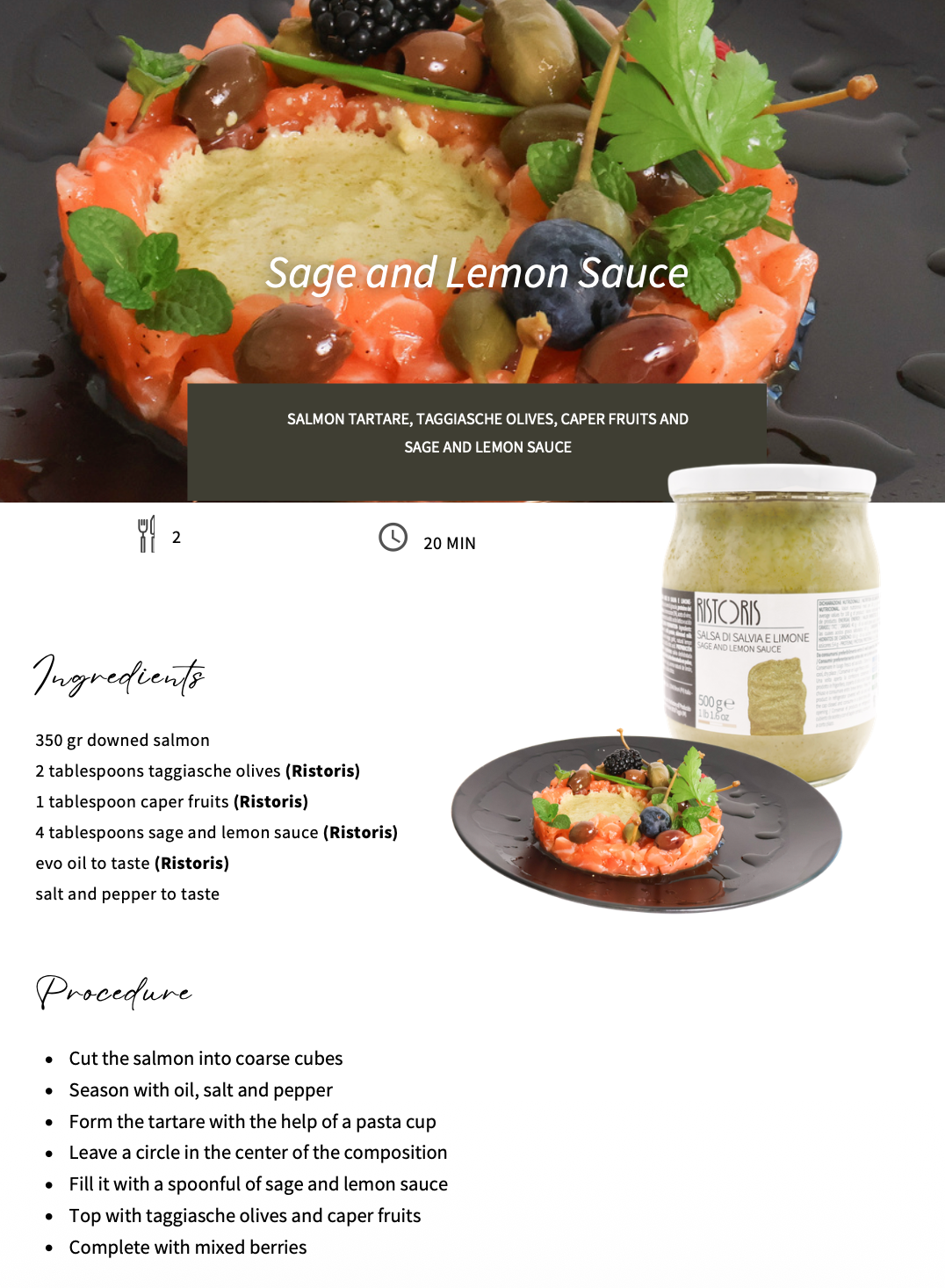Salmon tartare with taggiasca olives, caper fruits, and sage and lemon sauce on a black plate, accompanied by a jar of Ristorio sauce.