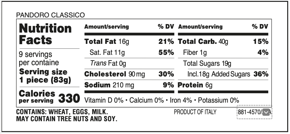 A close-up of a product's nutrition facts label showing nutritional information for a single piece of PANDORO CLASSICO, including calories, fat, carbs, protein, and allergen details.