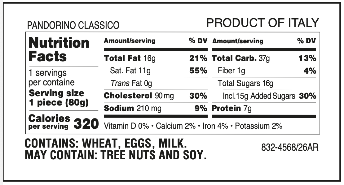 Nutrition facts Muzzi Armonie mini Christmas pandoro made in Italy