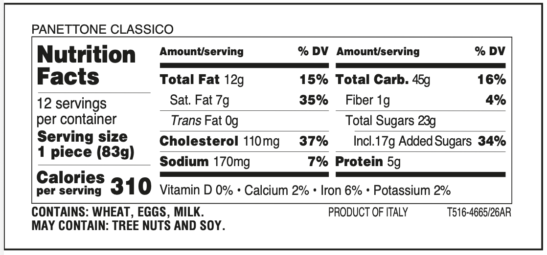 Nutrition facts Borsari Rustico panettone gift box made in Italy