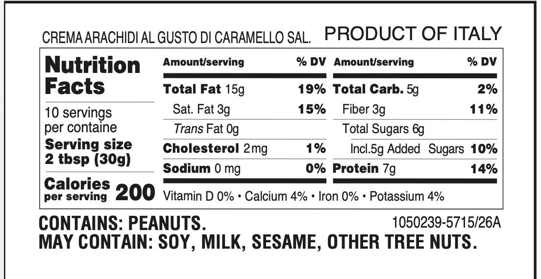 Technical sheet Ultra-fine roasted peanut butter with salted caramel flavor by Muzzi
