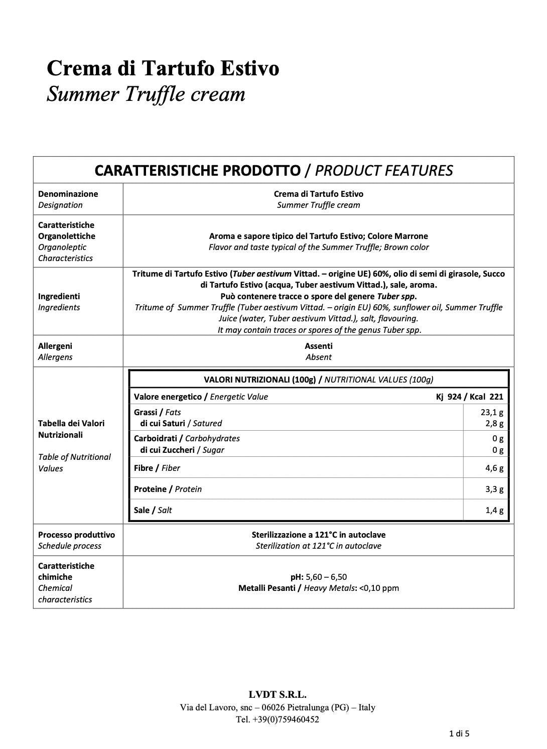 technical sheet truffle cream
