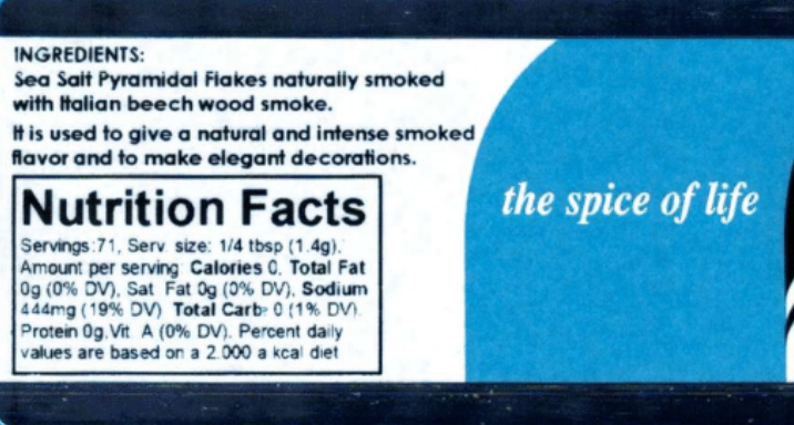 Nutrition facts label and description of smoked sea salt on a blue background with 'the spice of life' text.