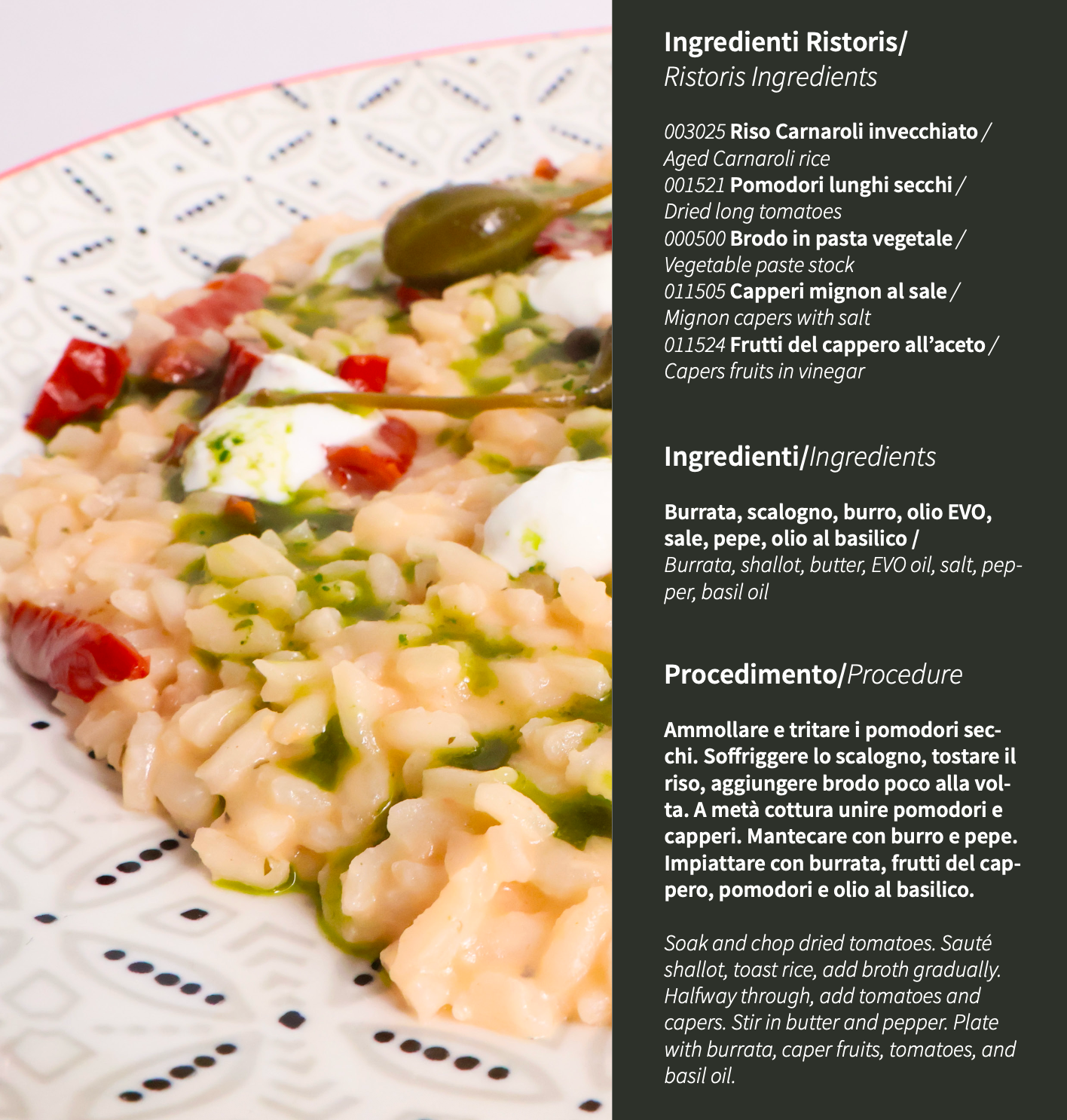 Risotto recipe with semi-dries tomatoes, cappers fruits on a white plate. By Tita Italia