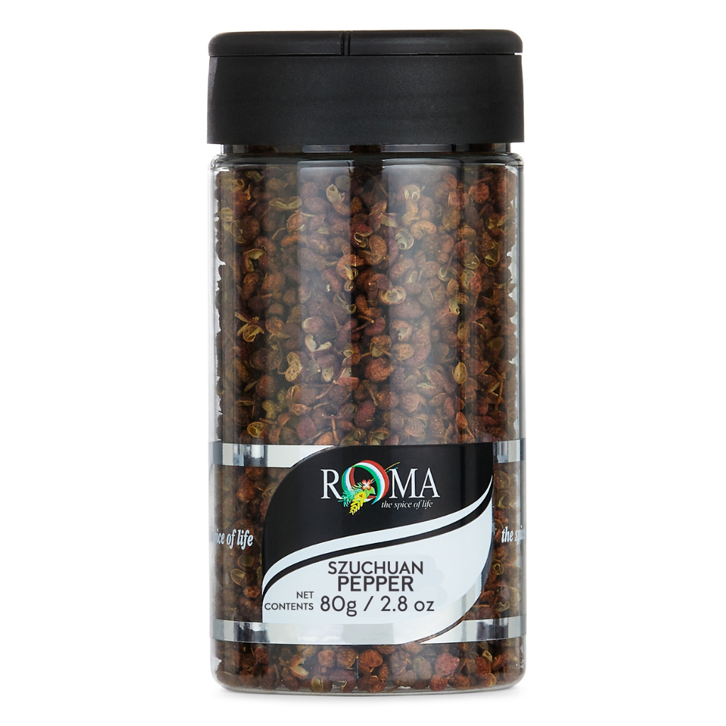 Jar of Szechuan pepper with Roma label on a white background