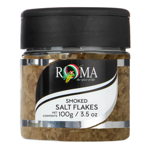 Jar of Roma smoked salt flakes on a white background